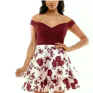Red and White Floral Formal Knee Length Dress